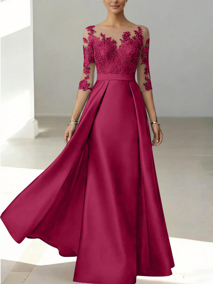 A Line Princess Scoop Satin Mother Of The Bride Dresses 3 4 Sleeves Lace Floor Length Floral