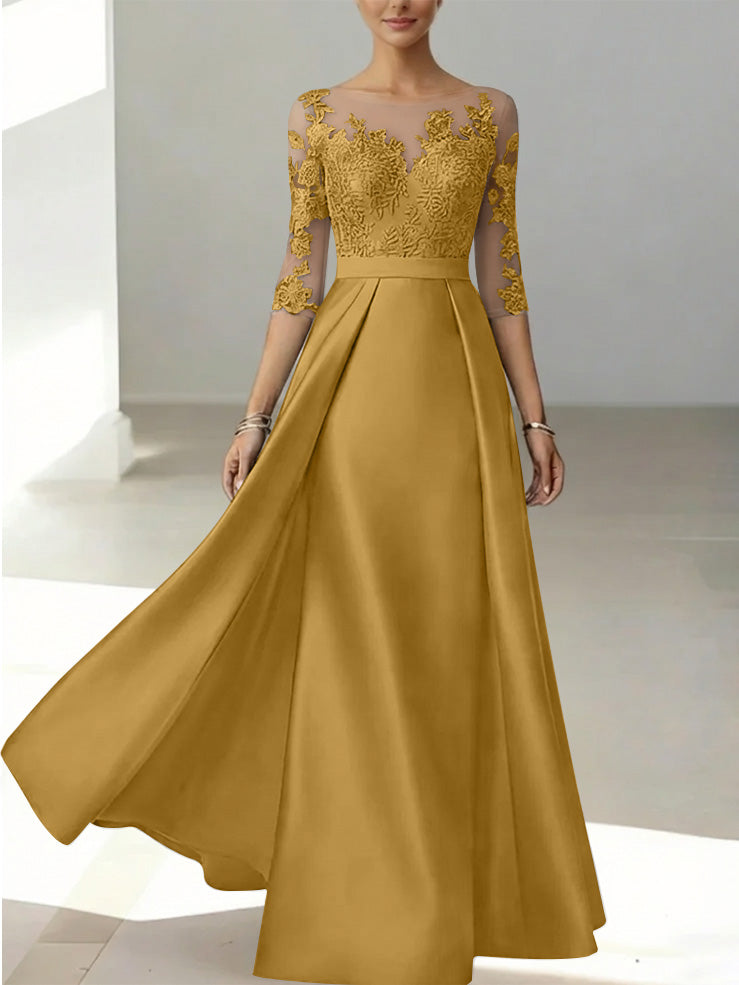 A Line Princess Scoop Satin Mother Of The Bride Dresses 3 4 Sleeves Lace Floor Length Floral