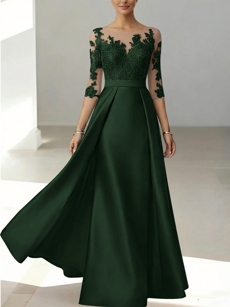 A Line Princess Scoop Satin Mother Of The Bride Dresses 3 4 Sleeves Lace Floor Length Floral