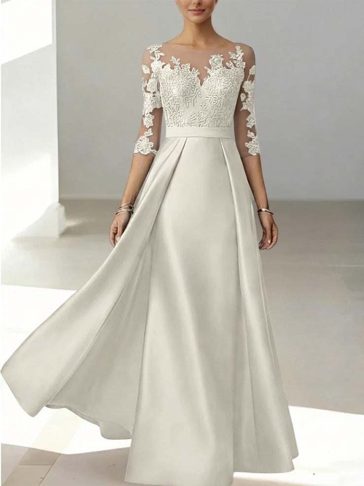 A Line Princess Scoop Satin Mother Of The Bride Dresses 3 4 Sleeves Lace Floor Length Floral