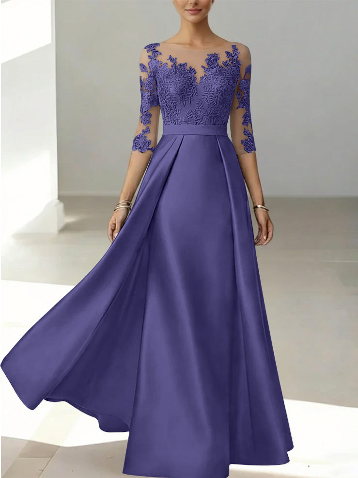 A Line Princess Scoop Satin Mother Of The Bride Dresses 3 4 Sleeves Lace Floor Length Floral