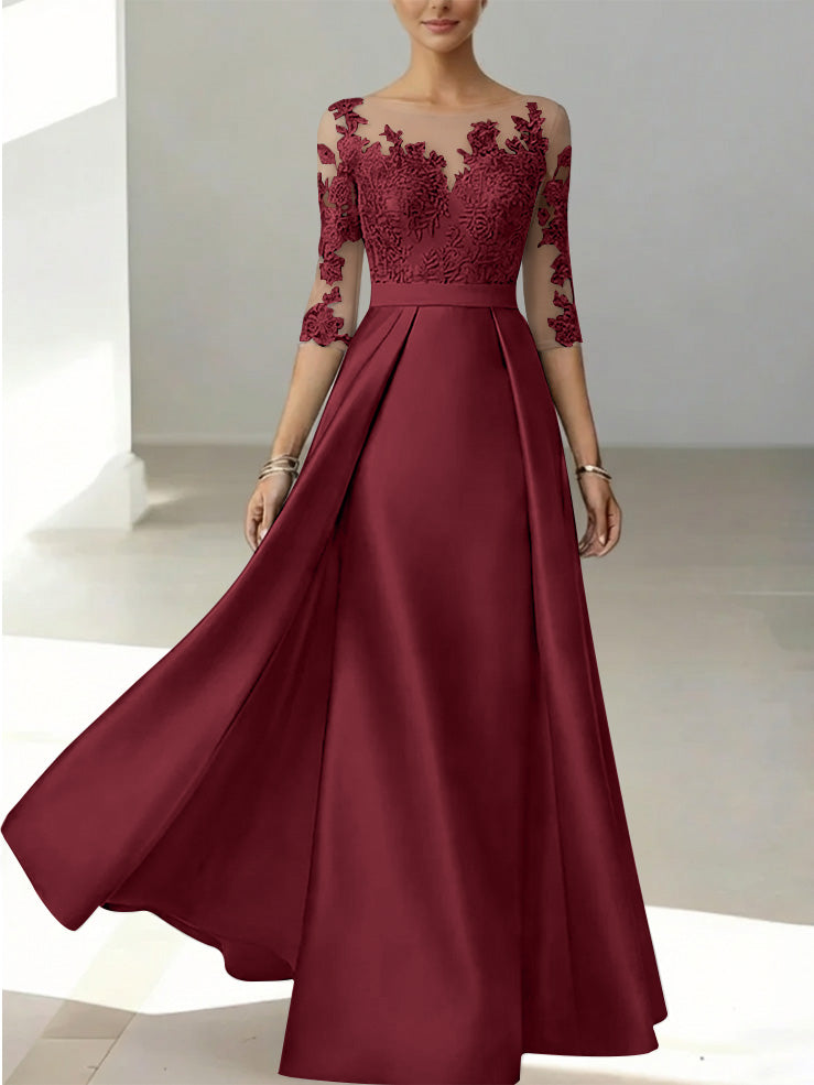 A Line Princess Scoop Satin Mother Of The Bride Dresses 3 4 Sleeves Lace Floor Length Floral