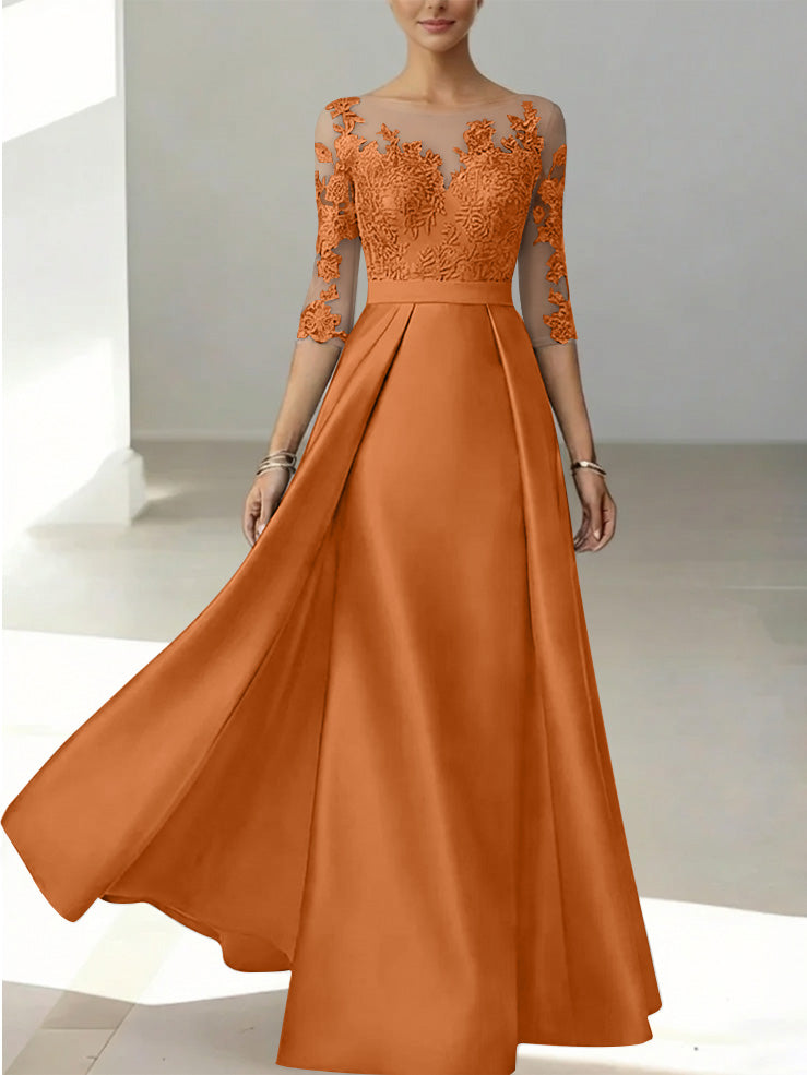 A Line Princess Scoop Satin Mother Of The Bride Dresses 3 4 Sleeves Lace Floor Length Floral