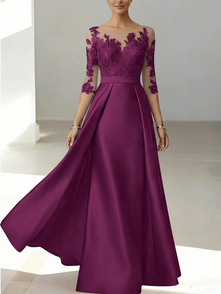 A Line Princess Scoop Satin Mother Of The Bride Dresses 3 4 Sleeves Lace Floor Length Floral