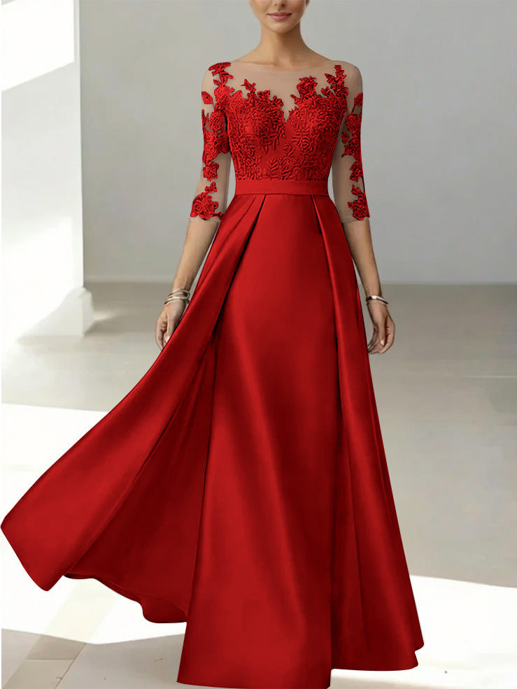 A Line Princess Scoop Satin Mother Of The Bride Dresses 3 4 Sleeves Lace Floor Length Floral