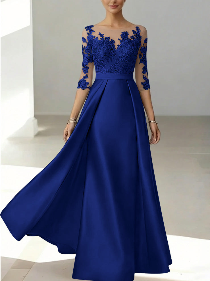 A Line Princess Scoop Satin Mother Of The Bride Dresses 3 4 Sleeves Lace Floor Length Floral