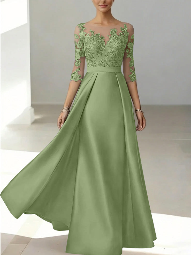A Line Princess Scoop Satin Mother Of The Bride Dresses 3 4 Sleeves Lace Floor Length Floral