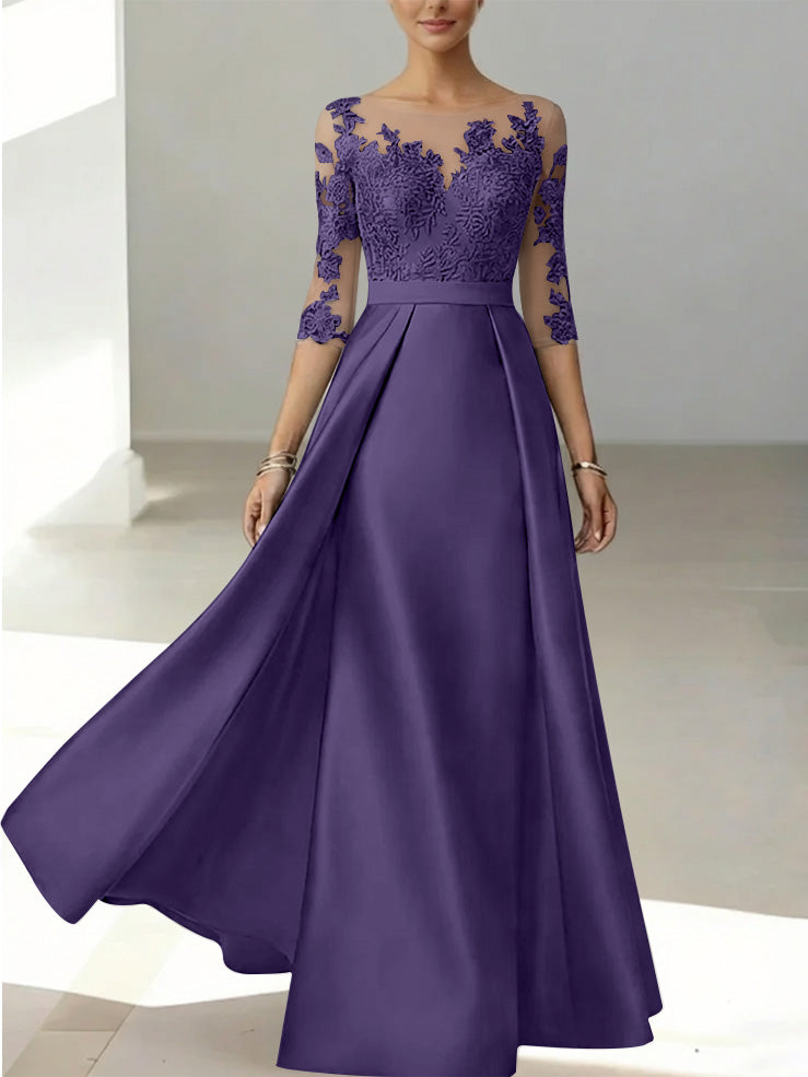 A Line Princess Scoop Satin Mother Of The Bride Dresses 3 4 Sleeves Lace Floor Length Floral
