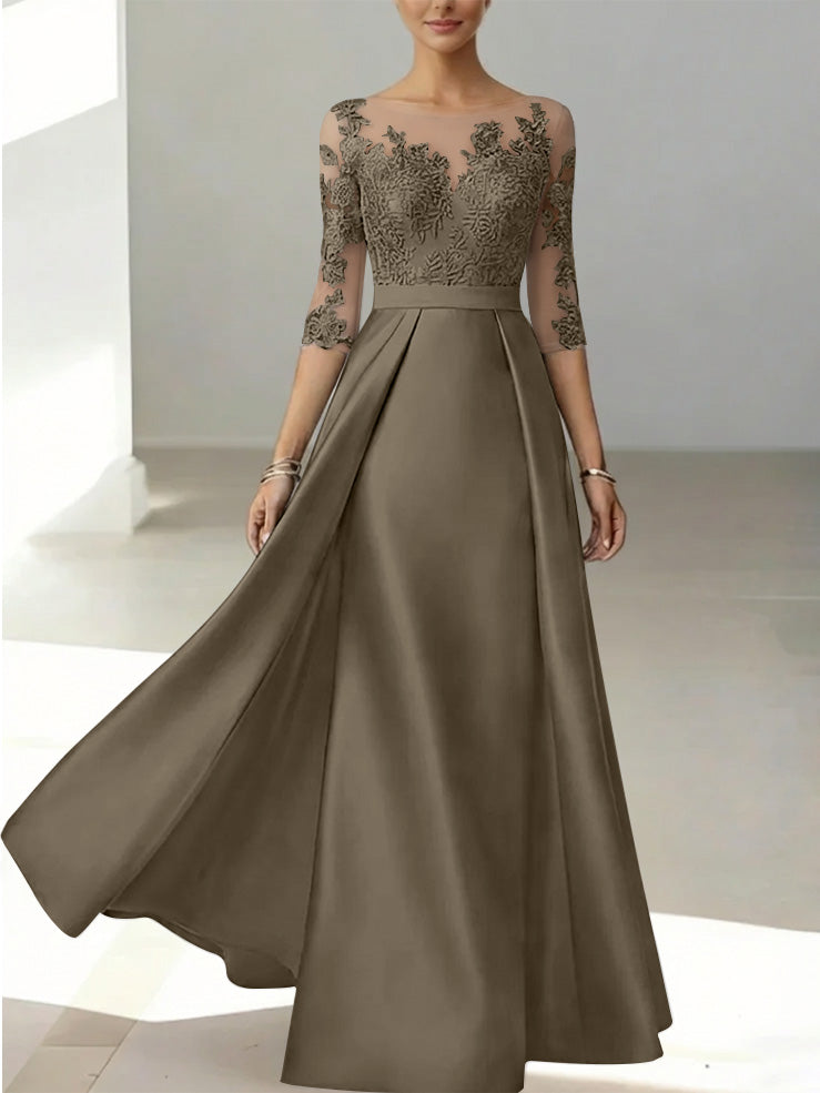 A Line Princess Scoop Satin Mother Of The Bride Dresses 3 4 Sleeves Lace Floor Length Floral
