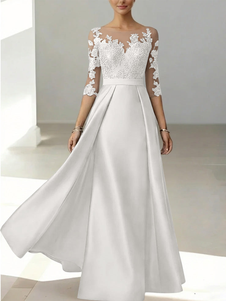 A Line Princess Scoop Satin Mother Of The Bride Dresses 3 4 Sleeves Lace Floor Length Floral