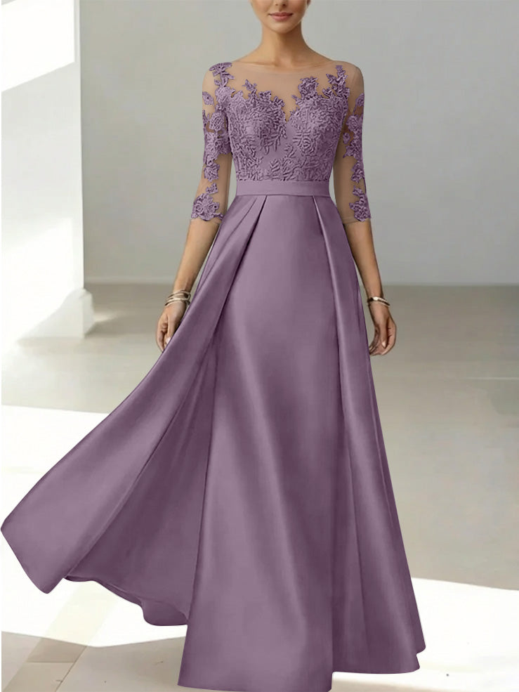 A Line Princess Scoop Satin Mother Of The Bride Dresses 3 4 Sleeves Lace Floor Length Floral
