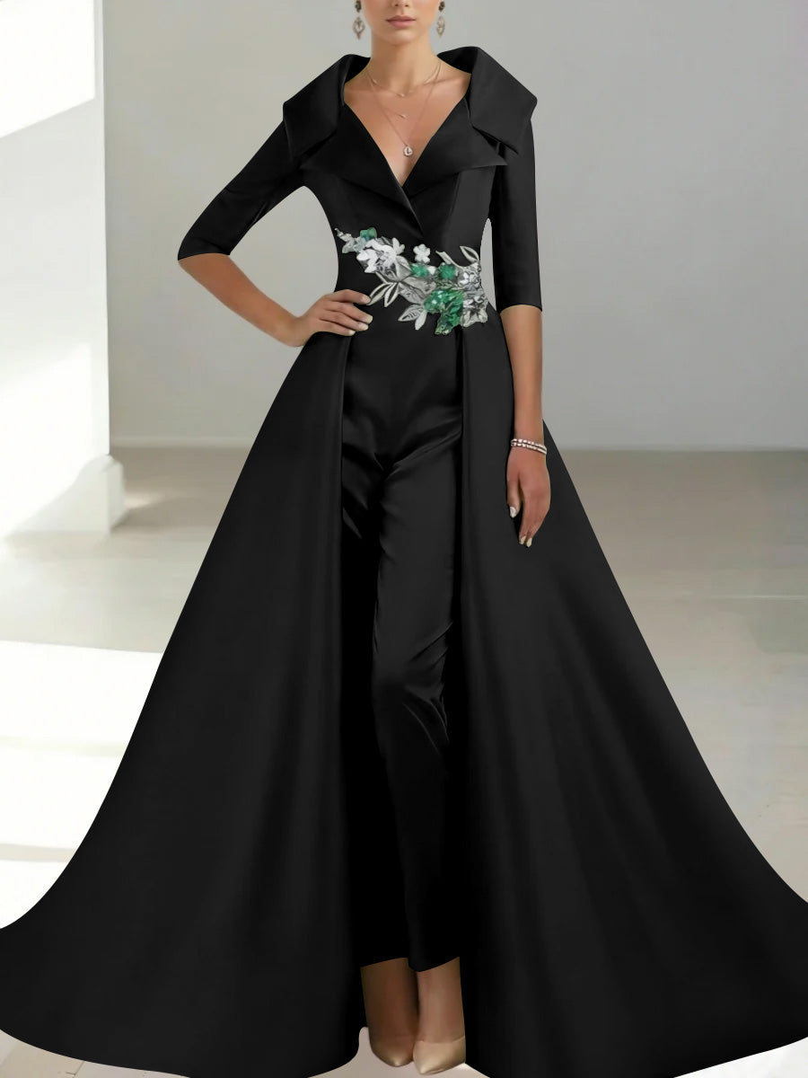 A Line Princess Shirt Collar Satin Mother Of The Bride Jumpsuit Overskirt Floral Sequins Pocket Half Sleeves Floor Length
