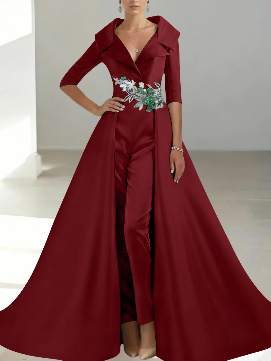 A Line Princess Shirt Collar Satin Mother Of The Bride Jumpsuit Overskirt Floral Sequins Pocket Half Sleeves Floor Length
