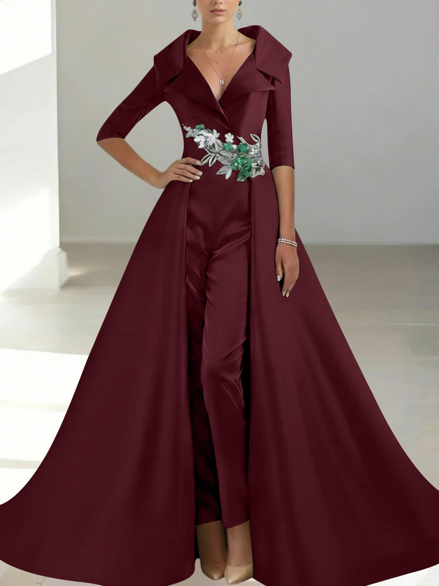 A Line Princess Shirt Collar Satin Mother Of The Bride Jumpsuit Overskirt Floral Sequins Pocket Half Sleeves Floor Length