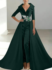 A Line Princess Shirt Collar Satin Mother Of The Bride Jumpsuit Overskirt Floral Sequins Pocket Half Sleeves Floor Length