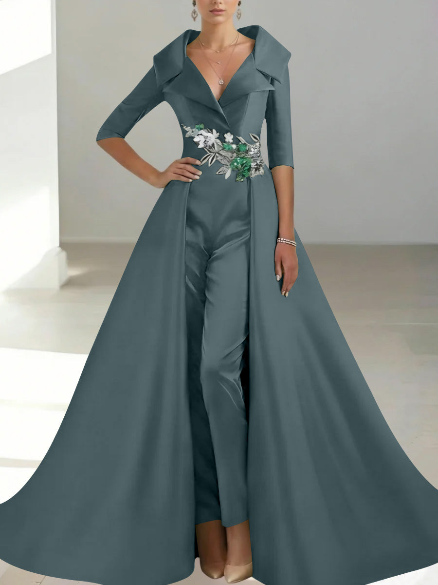 A Line Princess Shirt Collar Satin Mother Of The Bride Jumpsuit Overskirt Floral Sequins Pocket Half Sleeves Floor Length