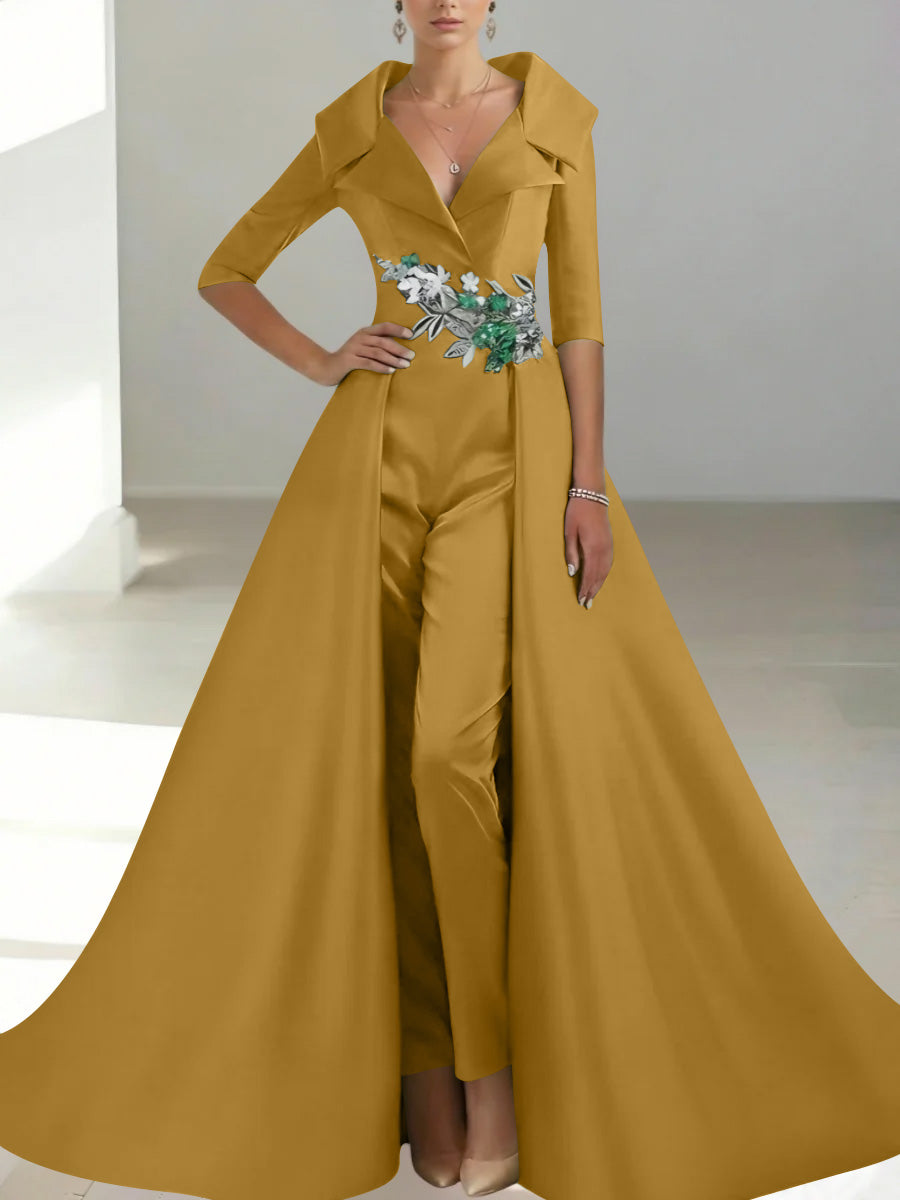 A Line Princess Shirt Collar Satin Mother Of The Bride Jumpsuit Overskirt Floral Sequins Pocket Half Sleeves Floor Length