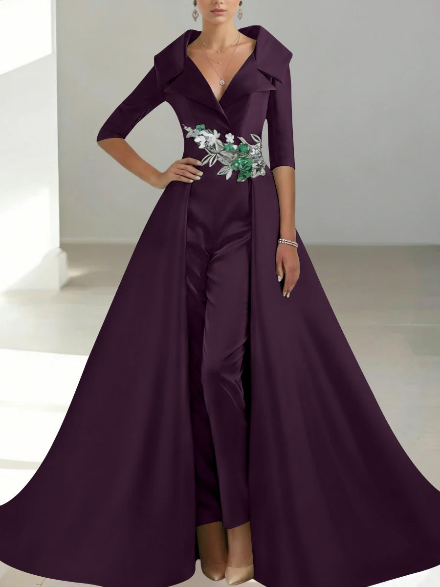 A Line Princess Shirt Collar Satin Mother Of The Bride Jumpsuit Overskirt Floral Sequins Pocket Half Sleeves Floor Length