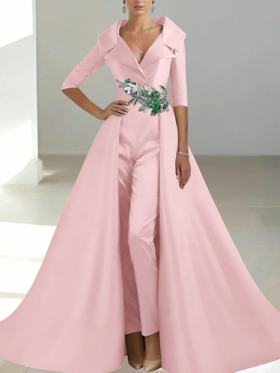 A Line Princess Shirt Collar Satin Mother Of The Bride Jumpsuit Overskirt Floral Sequins Pocket Half Sleeves Floor Length