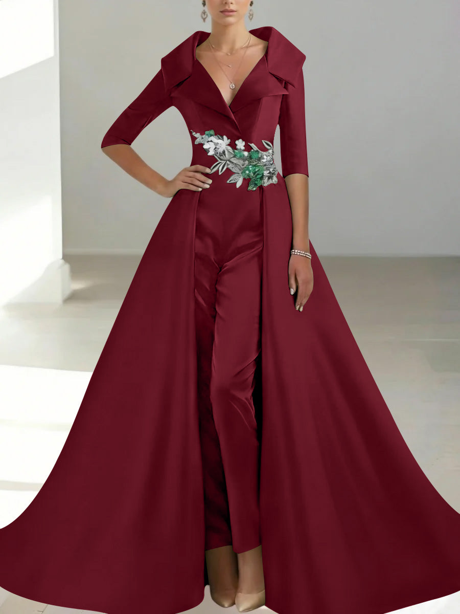 A Line Princess Shirt Collar Satin Mother Of The Bride Jumpsuit Overskirt Floral Sequins Pocket Half Sleeves Floor Length