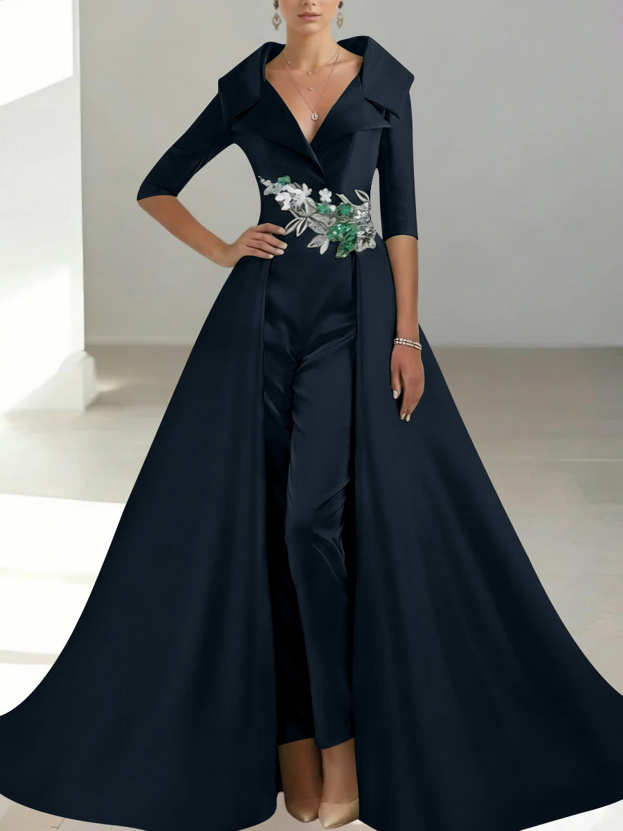 A Line Princess Shirt Collar Satin Mother Of The Bride Jumpsuit Overskirt Floral Sequins Pocket Half Sleeves Floor Length