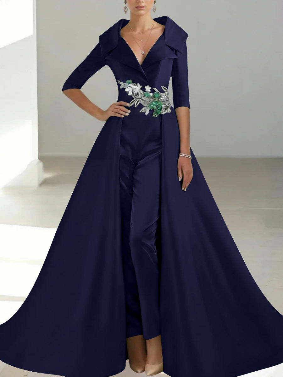 A Line Princess Shirt Collar Satin Mother Of The Bride Jumpsuit Overskirt Floral Sequins Pocket Half Sleeves Floor Length