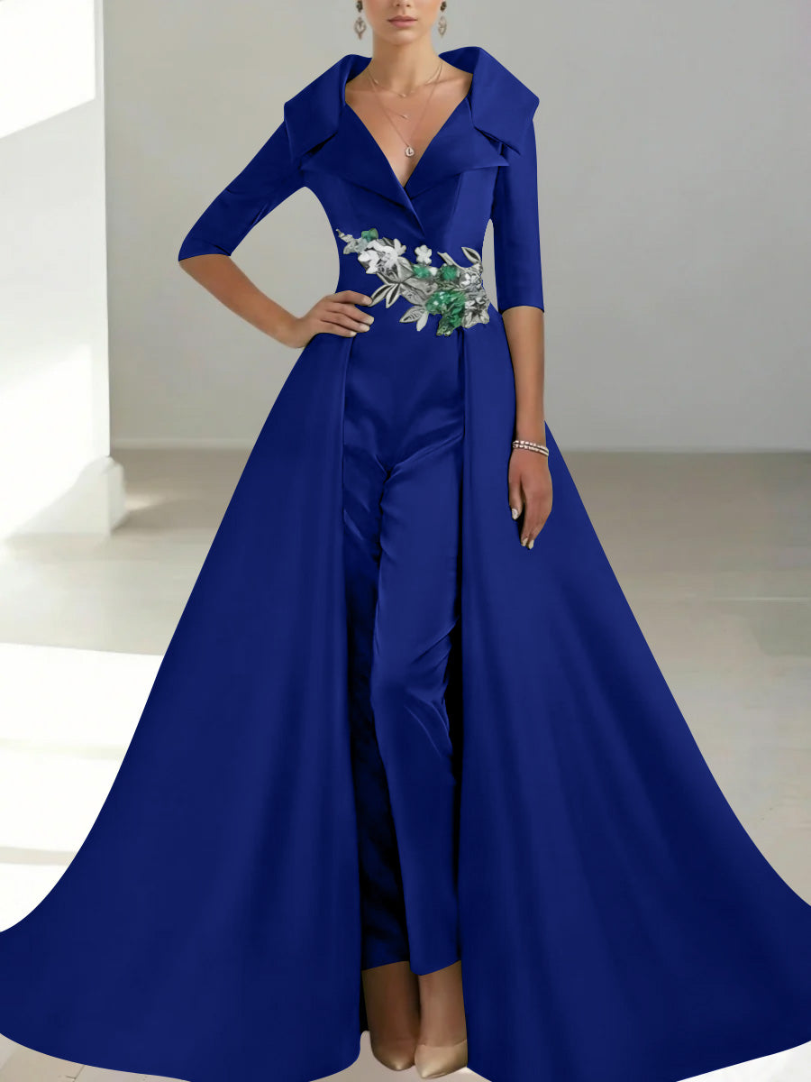 A Line Princess Shirt Collar Satin Mother Of The Bride Jumpsuit Overskirt Floral Sequins Pocket Half Sleeves Floor Length
