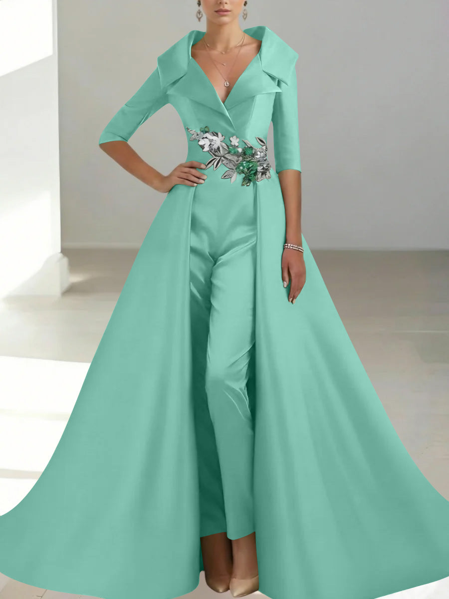 A Line Princess Shirt Collar Satin Mother Of The Bride Jumpsuit Overskirt Floral Sequins Pocket Half Sleeves Floor Length