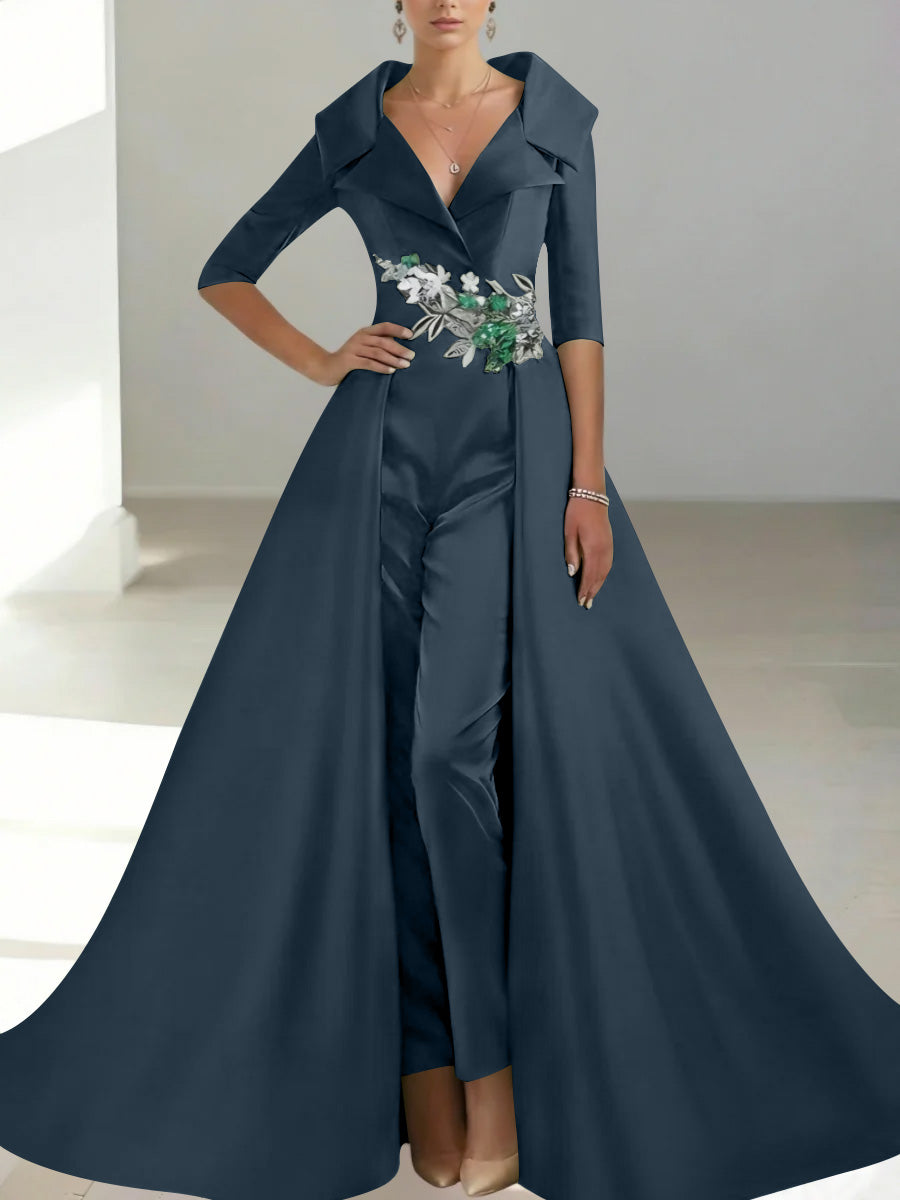 A Line Princess Shirt Collar Satin Mother Of The Bride Jumpsuit Overskirt Floral Sequins Pocket Half Sleeves Floor Length
