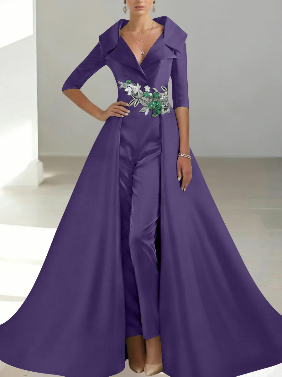 A Line Princess Shirt Collar Satin Mother Of The Bride Jumpsuit Overskirt Floral Sequins Pocket Half Sleeves Floor Length