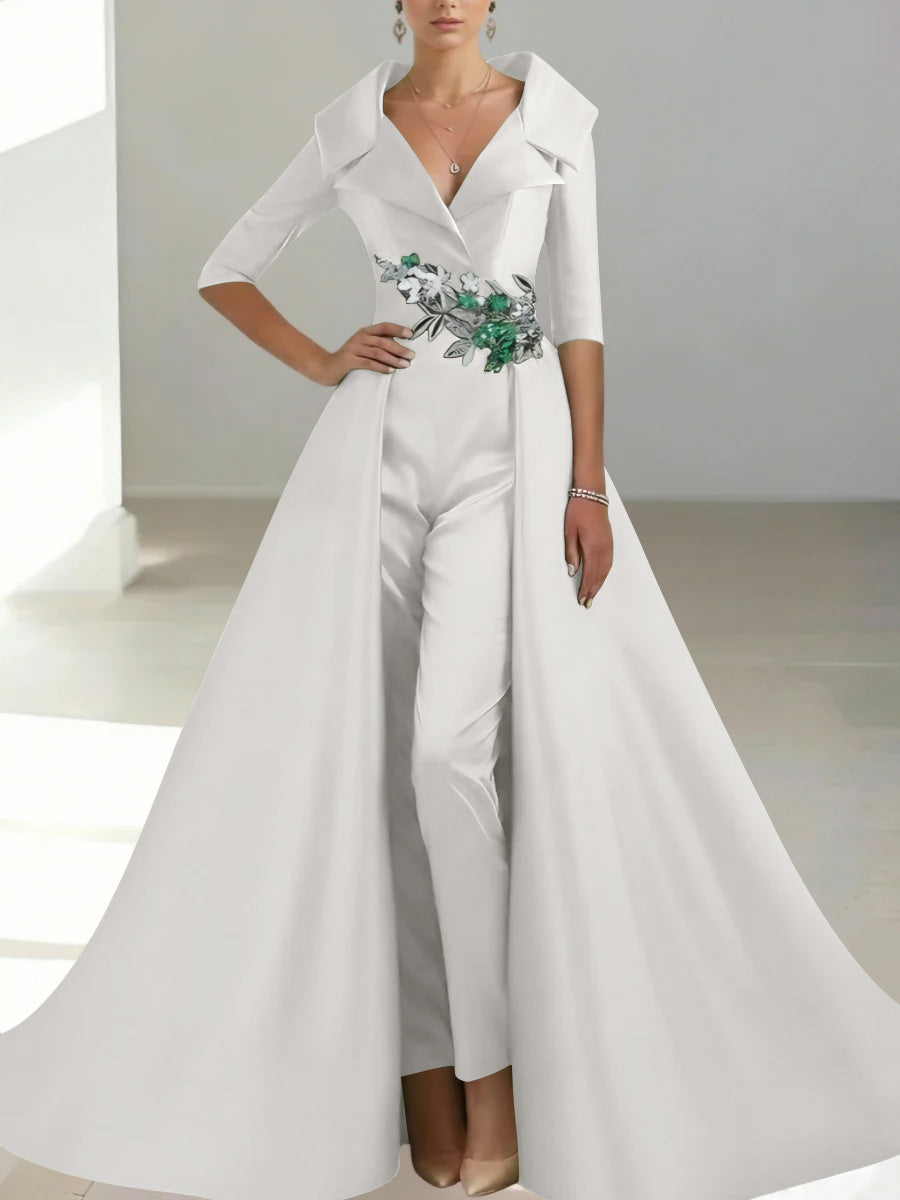 A Line Princess Shirt Collar Satin Mother Of The Bride Jumpsuit Overskirt Floral Sequins Pocket Half Sleeves Floor Length