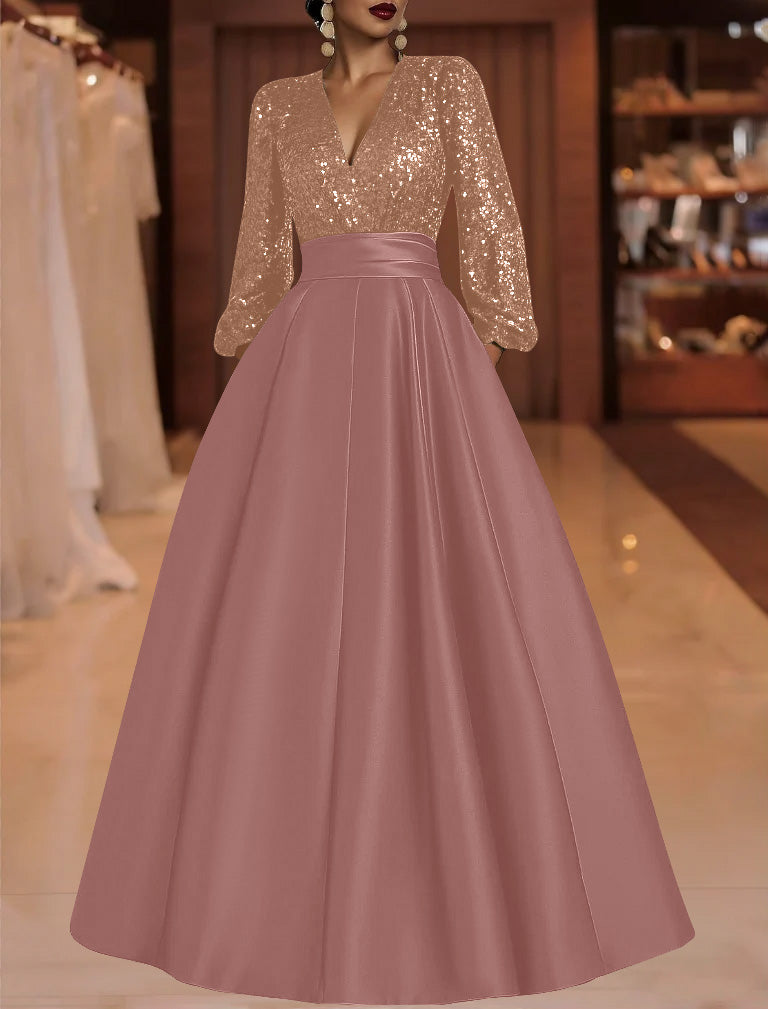 A Line Princess V Neck Satin Mother Of The Bride Dresses Sequins Pocket Long Sleeves Floor Length