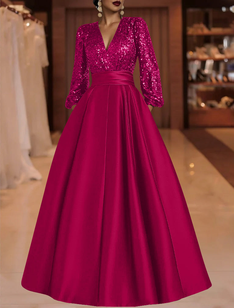 A Line Princess V Neck Satin Mother Of The Bride Dresses Sequins Pocket Long Sleeves Floor Length