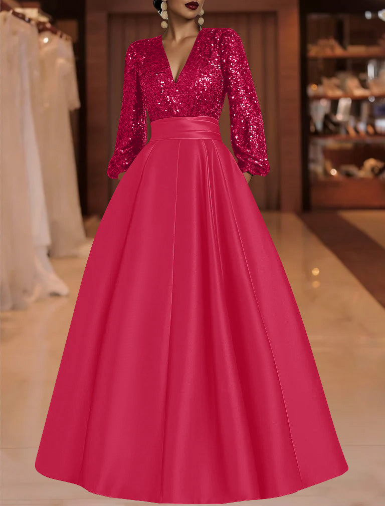 A Line Princess V Neck Satin Mother Of The Bride Dresses Sequins Pocket Long Sleeves Floor Length