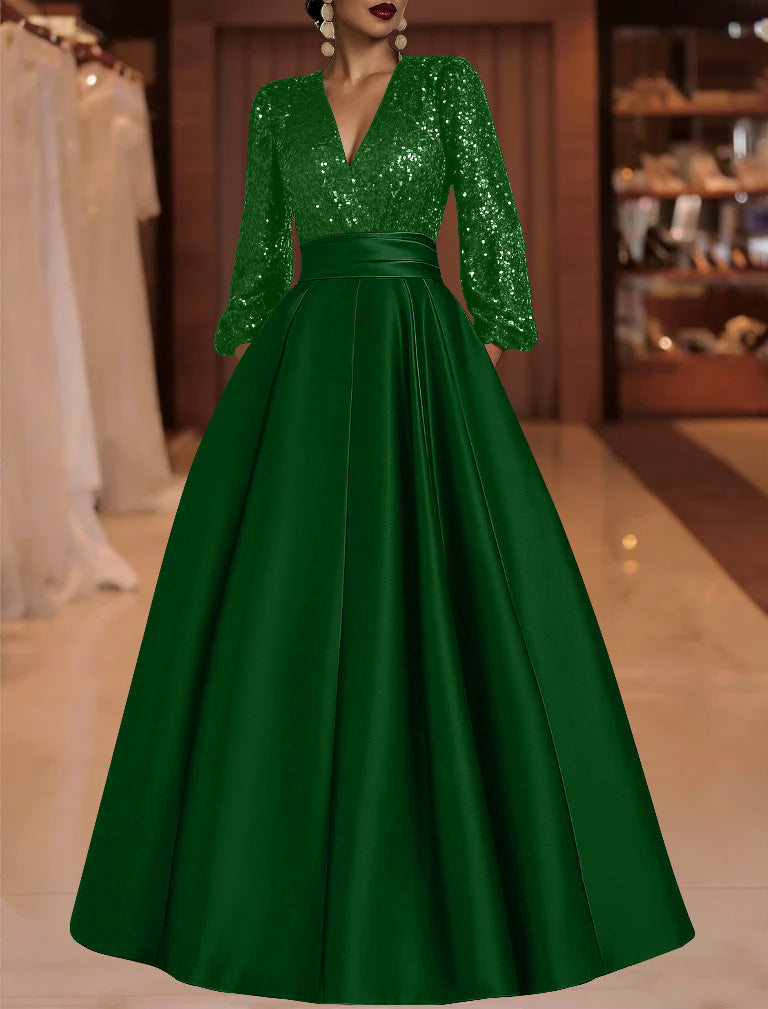 A Line Princess V Neck Satin Mother Of The Bride Dresses Sequins Pocket Long Sleeves Floor Length