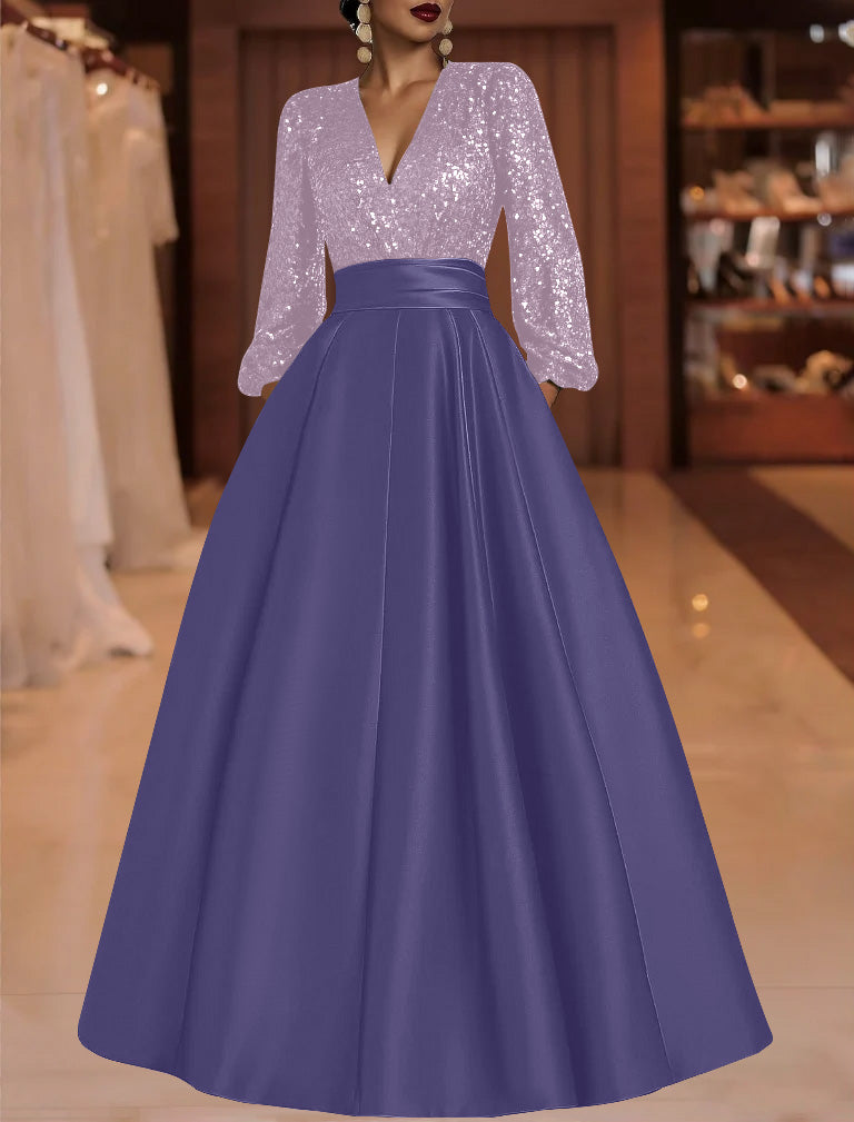 A Line Princess V Neck Satin Mother Of The Bride Dresses Sequins Pocket Long Sleeves Floor Length