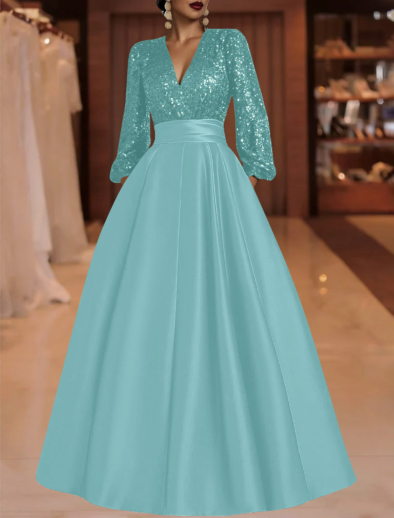 A Line Princess V Neck Satin Mother Of The Bride Dresses Sequins Pocket Long Sleeves Floor Length