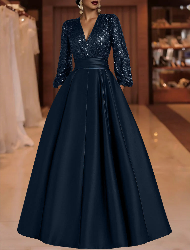 A Line Princess V Neck Satin Mother Of The Bride Dresses Sequins Pocket Long Sleeves Floor Length