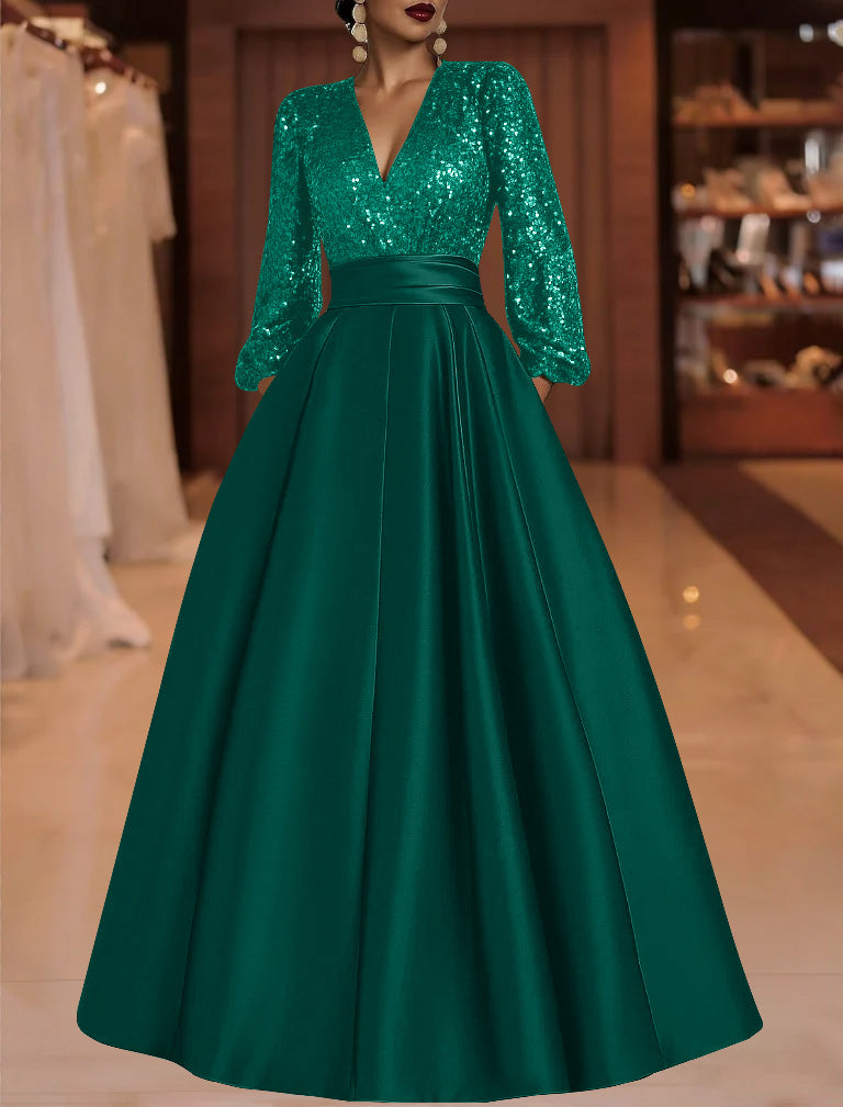 A Line Princess V Neck Satin Mother Of The Bride Dresses Sequins Pocket Long Sleeves Floor Length