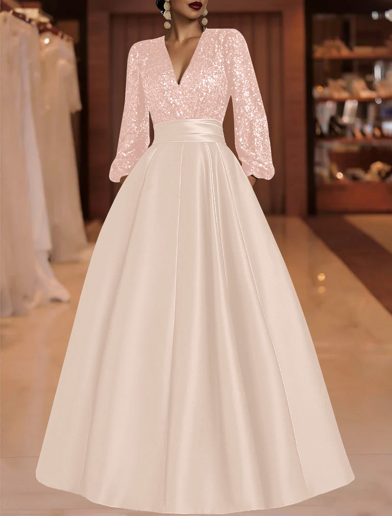 A Line Princess V Neck Satin Mother Of The Bride Dresses Sequins Pocket Long Sleeves Floor Length