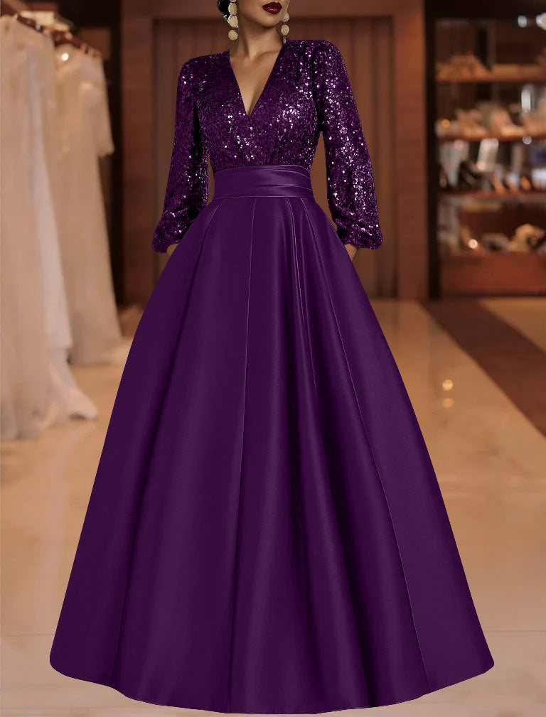 A Line Princess V Neck Satin Mother Of The Bride Dresses Sequins Pocket Long Sleeves Floor Length