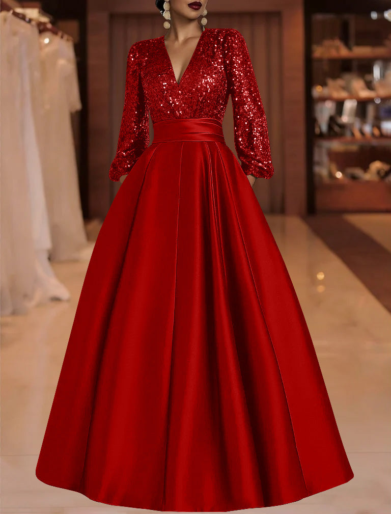 A Line Princess V Neck Satin Mother Of The Bride Dresses Sequins Pocket Long Sleeves Floor Length