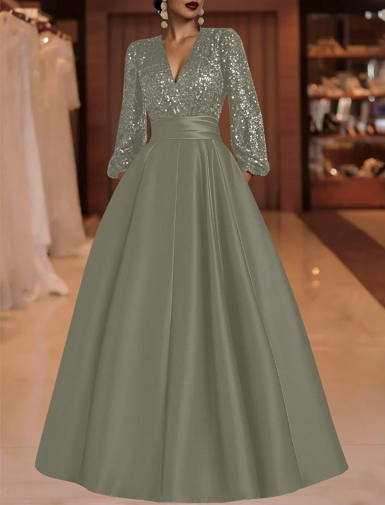 A Line Princess V Neck Satin Mother Of The Bride Dresses Sequins Pocket Long Sleeves Floor Length