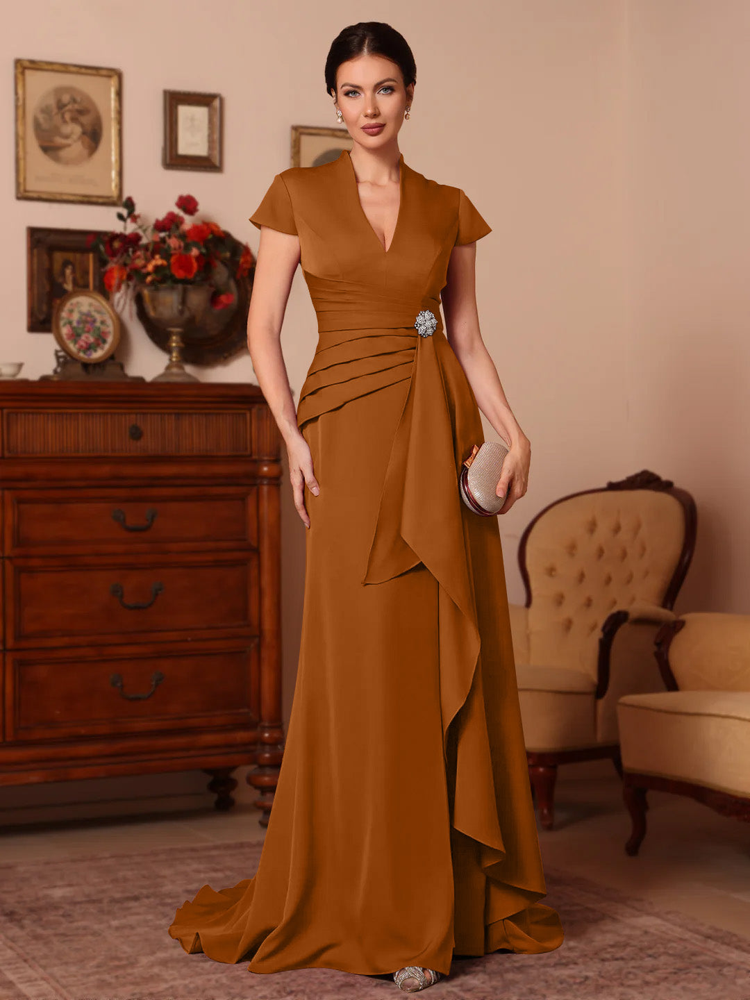 Trumpet Mermaid V Neck Stretch Satin Mother Of The Bride Dresses Floor Length Sweep Train Cap Sleeves Ruffles