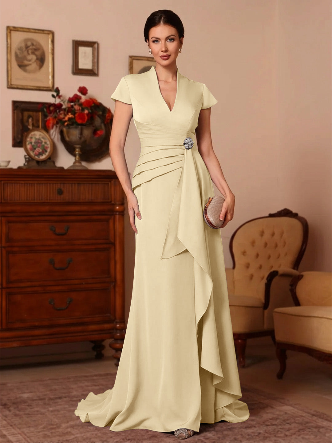 Trumpet Mermaid V Neck Stretch Satin Mother Of The Bride Dresses Floor Length Sweep Train Cap Sleeves Ruffles