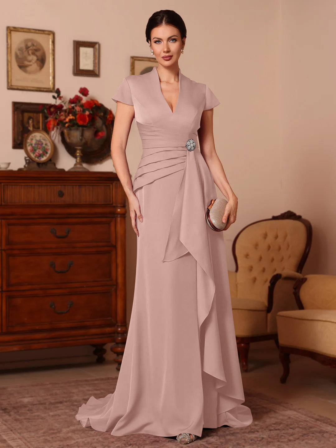 Trumpet Mermaid V Neck Stretch Satin Mother Of The Bride Dresses Floor Length Sweep Train Cap Sleeves Ruffles