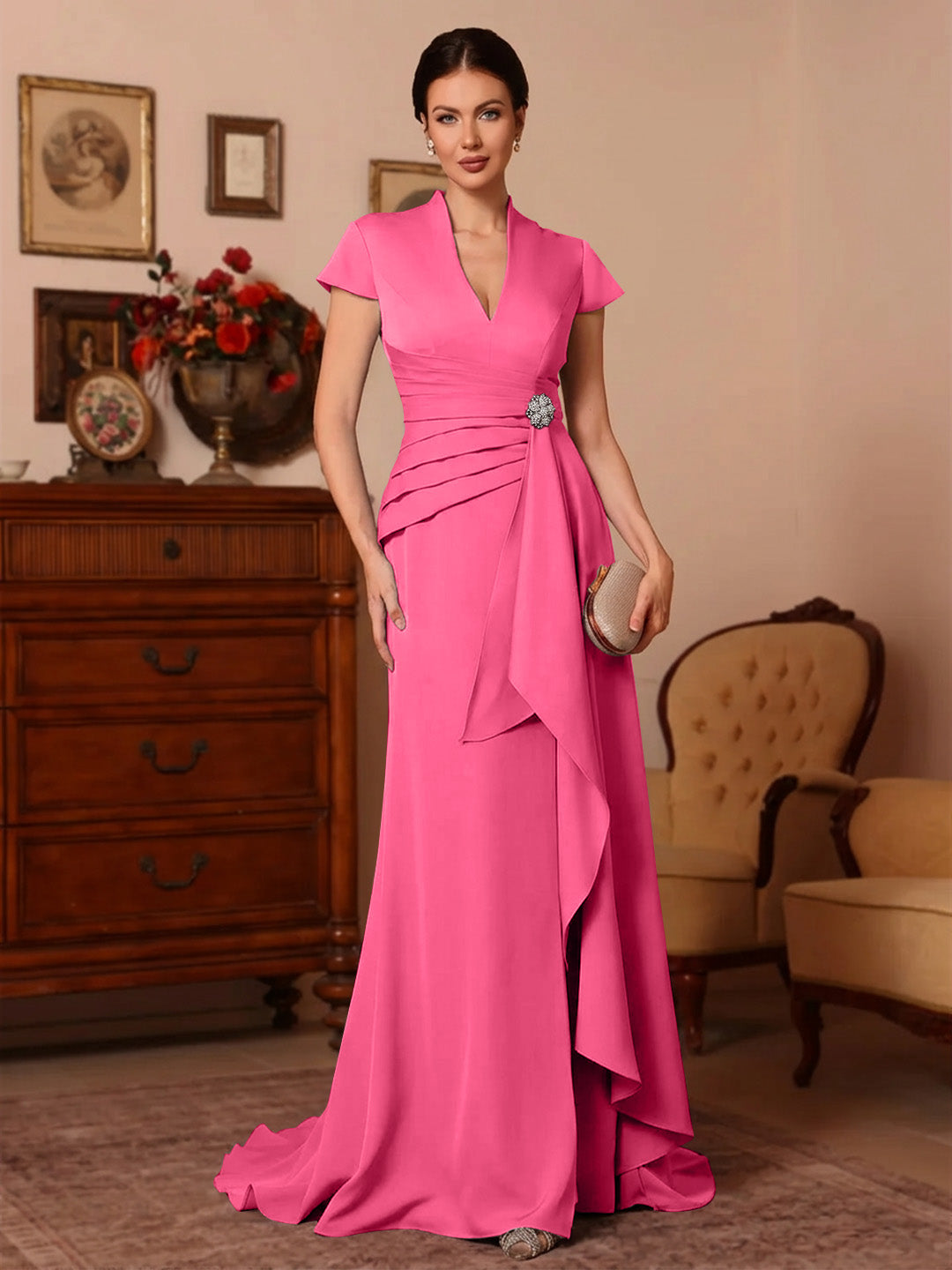 Trumpet Mermaid V Neck Stretch Satin Mother Of The Bride Dresses Floor Length Sweep Train Cap Sleeves Ruffles