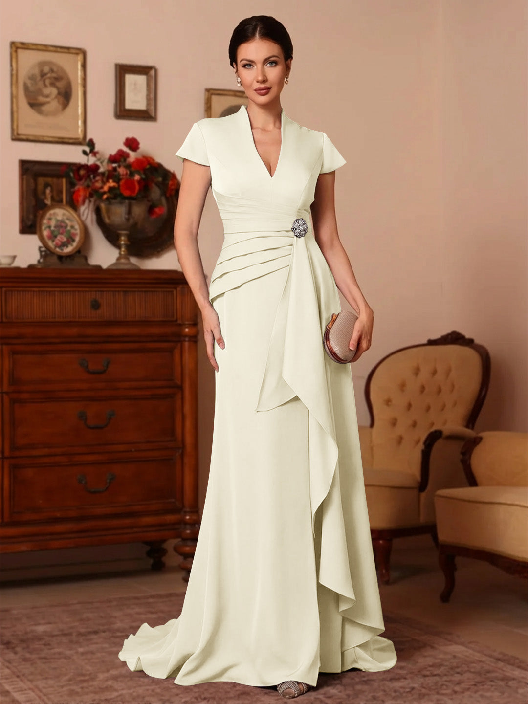 Trumpet Mermaid V Neck Stretch Satin Mother Of The Bride Dresses Floor Length Sweep Train Cap Sleeves Ruffles
