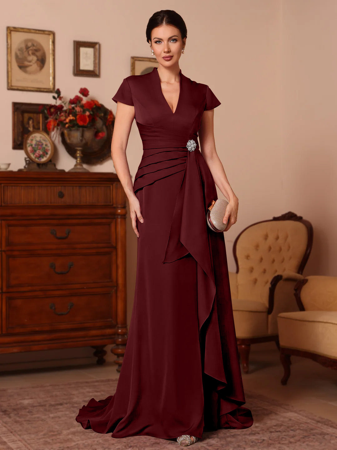 Trumpet Mermaid V Neck Stretch Satin Mother Of The Bride Dresses Floor Length Sweep Train Cap Sleeves Ruffles