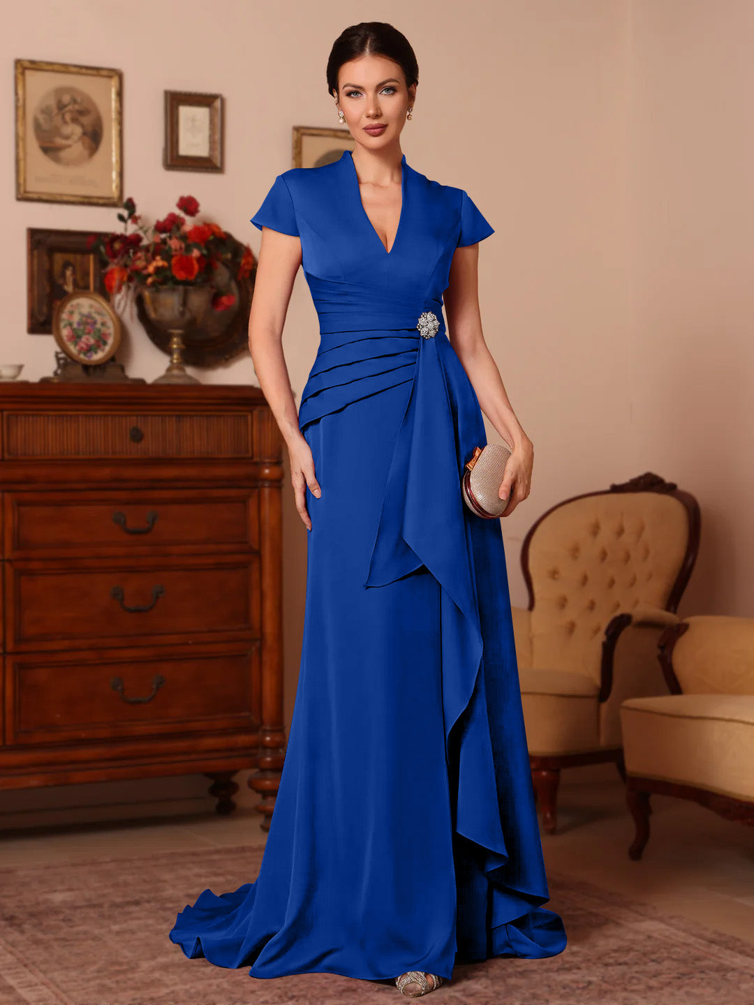 Trumpet Mermaid V Neck Stretch Satin Mother Of The Bride Dresses Floor Length Sweep Train Cap Sleeves Ruffles
